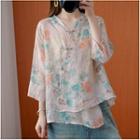 Floral Frog-button 3/4-sleeve Blouse