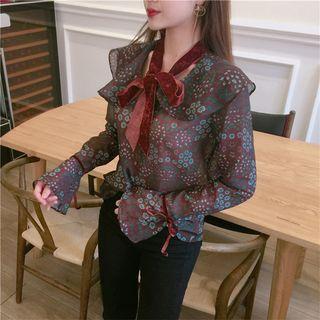 Patterned Bow Accent Chiffon Blouse