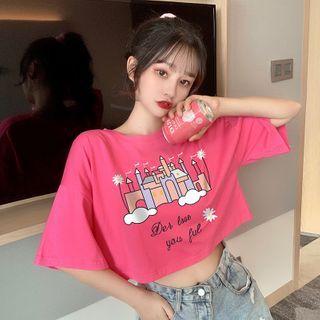 Short-sleeve Castle Print Cropped T-shirt
