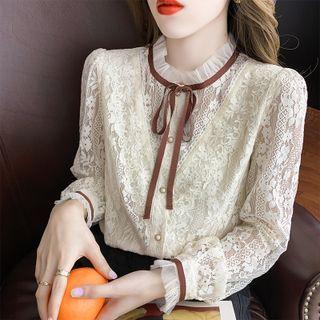 Tie-neck Frill Trim Lace Blouse