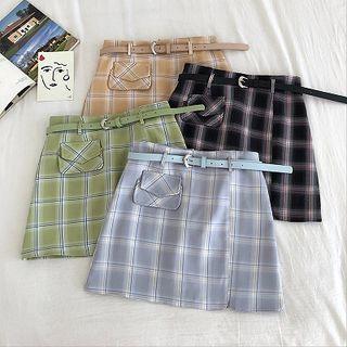 Color-block Plaid High-waist Skirt With Belt