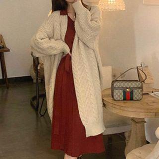 V-neck Plain Cable Knit Loose Fit Long Cardigan