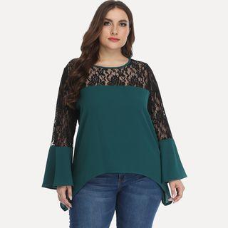 Plus Size Long-sleeve Mesh Panel T-shirt