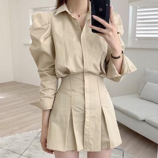 Long-sleeve Plain Pleated Mini A-line Shirtdress