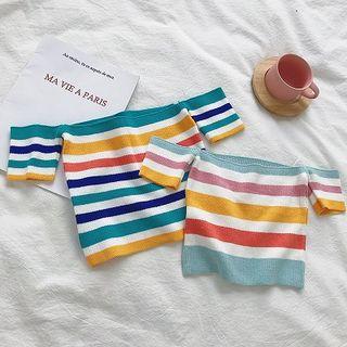 Striped Off-shoulder Slim-fit Cropped Knit Top