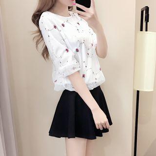 Set: Floral Embroidered Elbow-sleeve Top + A-line Skirt