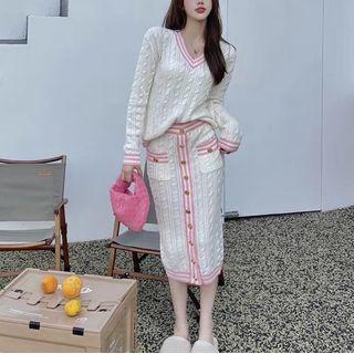 V-neck Cable Knit Sweater / Midi Pencil Skirt