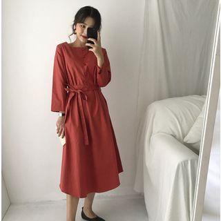 Long-sleeve A-line Midi Dress With Sash