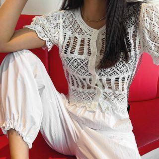 Puff-sleeve Crochet Cropped Cardigan