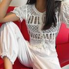 Puff-sleeve Crochet Cropped Cardigan