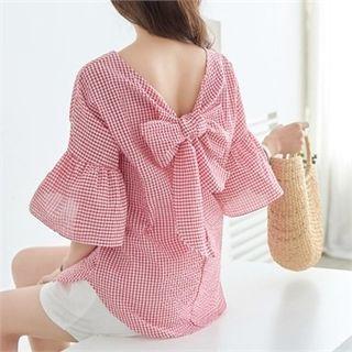 Bell-sleeve Beribboned Gingham Top