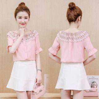 Short-sleeve Lace Collar Chiffon Blouse