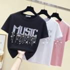 Short-sleeve Lettering Faux Pearl T-shirt