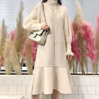 Mock-neck Mesh Long-sleeve Top / V-neck Sleeveless A-line Dress