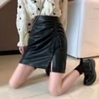 Faux Leather Drawstring Slit Mini A-line Skirt