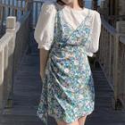 Set: Puff-sleeve Blouse + Floral Print Drawstring Overall Dress