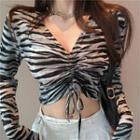 Long-sleeve Drawstring Zebra Print Crop Top