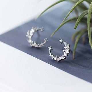925 Sterling Silver Rhinestone Moon Stud Earring 925 Silver - Silver - One Size