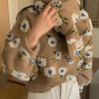 Set: Floral Print Sweater + Scarf Floral - Brown - One Size