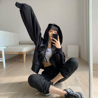 Balloon-sleeve Boxy Zip-up Hoodie