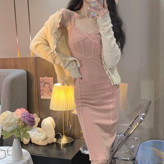 Spaghetti Strap Sweetheart Neckline Midi Bodycon Dress / Cardigan