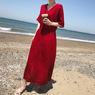 Drawcord-waist Linen Blend Long Dress