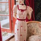 Puff-sleeve Floral Embroidered Plaid Midi Sheath Dress