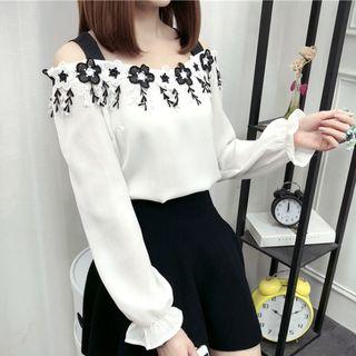 Cold-shoulder Long-sleeve Flower Chiffon Top