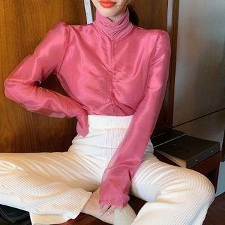 Plain Turtle-neck Long-sleeve Slim-fit Top / Organza Top