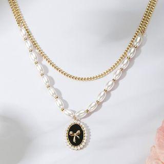 Bow Glaze Pendant Freshwater Pearl Layered Alloy Necklace Gold - One Size