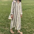Long-sleeve Striped Shirt Dress Stripe - Navy Blue & Beige - One Size