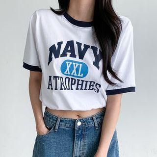 Letter Print Drawstring-hem Ringer T-shirt