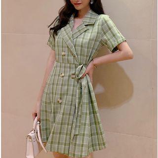 Plaid Side Tie Short-sleeve A-line Dress