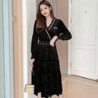 V-neck Balloon-sleeve Glitter Velvet Midi A-line Dress
