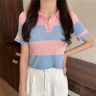 Short-sleeve Polo-neck Two-tone Knit Top
