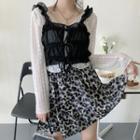 Long-sleeve Lace T-shirt / Leopard Print Mini A-line Skirt / Vest