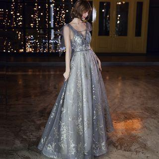 Embellished V-neck Sleeveless A-line Evening Gown