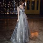Embellished V-neck Sleeveless A-line Evening Gown