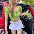 Plain Ruffle Square Neck Skinny Crop Top Green - One Size
