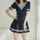 Short-sleeve Striped V-neck Dress