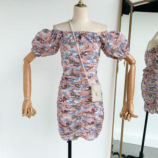 Off-shoulder Ruffle Puff-sleeve Print Dress As Shown In Figure - One Size
