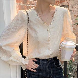 Long-sleeve Buttoned Lace Trim Blouse Almond - One Size