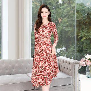 Rhinestone Buckle Patterned Long-sleeve Midi A-line Dress