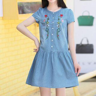 Embroidered Short-sleeve Denim A-line Dress
