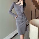 Long-sleeve Side-slit Drawstring Sheath Dress