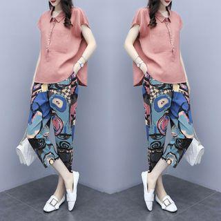 Set: Short-sleeve Shirt + Printed Straight-cut Linen Pants