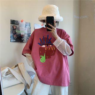 Long-sleeve Mesh Top / Cartoon Print Elbow-sleeve T-shirt