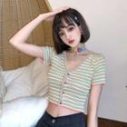 Short Sleeve V-neck Striped Cropped Top As Shown In Figure - One Size