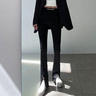 Lettering Print Slit Boot-cut Pants