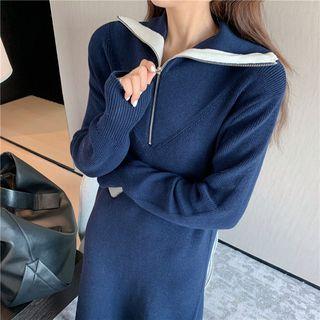 Long-sleeve Sheath Knit Dress Navy Blue - One Size